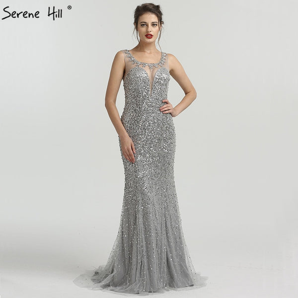 On Sale no return no refundSale Grey Luxury Sleeveless Sexy Evening Dresses Elegant Mermaid Sequined Sparkle LA6580