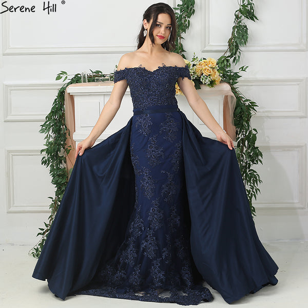 On Sale no return no refundSale Off Shoulder Navy Lace  Evening Dresses Beading Sleeveless Evening Gown LA6565