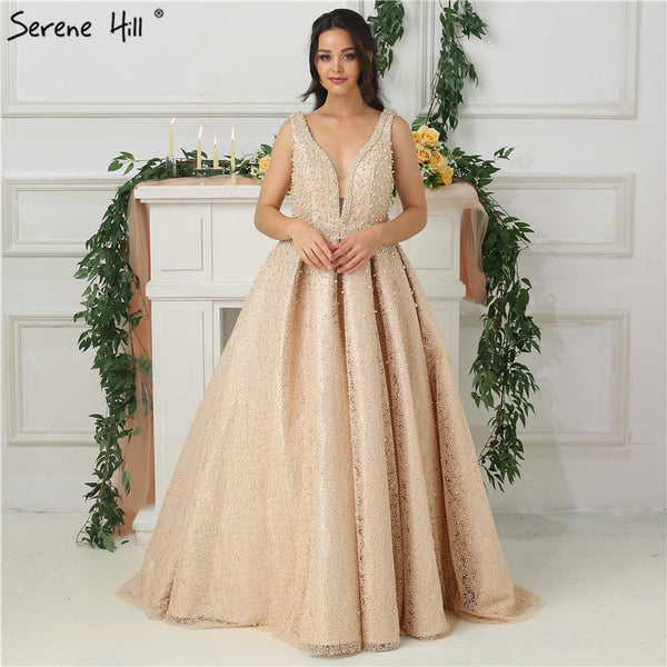 On Sale No Return No Refund Sale Sleeveless Deep-V Sexy Long Evening Dresses Pearls Crystal Evening Gown LA6173