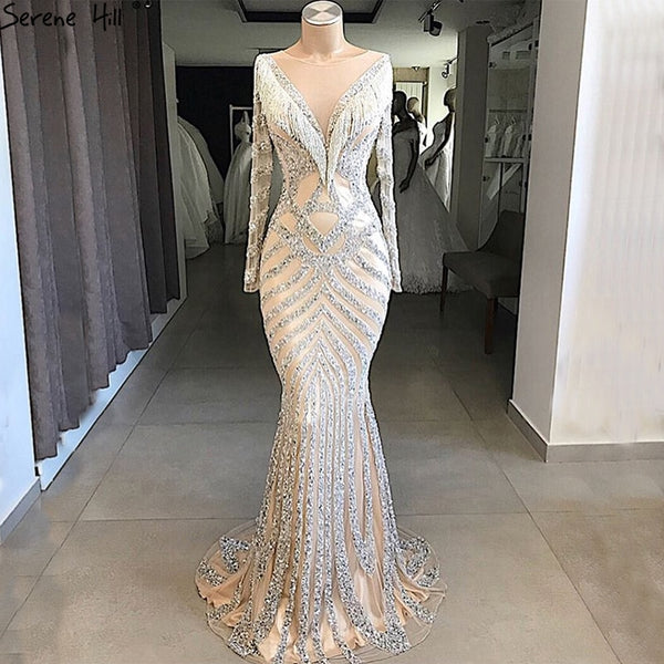 On Sale no return no refundSale Nude Slim Mermaid Luxury Evening Dresses Long Sleeves Beading Tassel Fashion LA6594