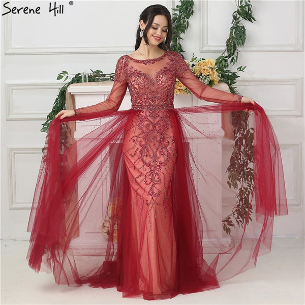 On Sale no return no refundSale Wine Red Diamond Crystal Evening Dress Long Sleeve LA6641