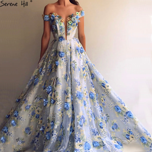 On Sale No Return No  Refund Romantic Blue Flowers Evening Dresses Off Shoulder Beach Fromal Evening Gowns LA6660